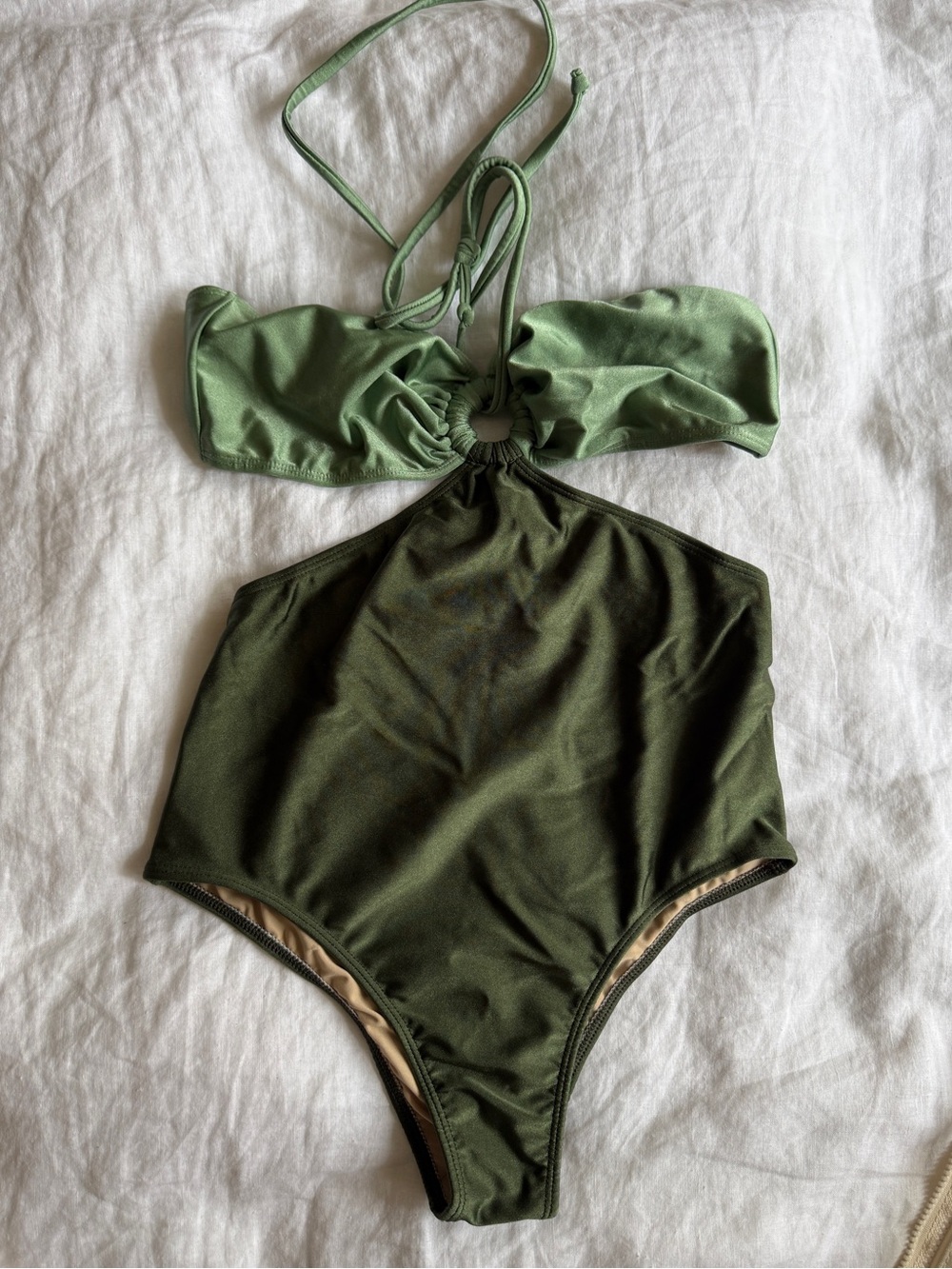 Olive Green Cutout One-Piece Swimsuit with Halter Tie
